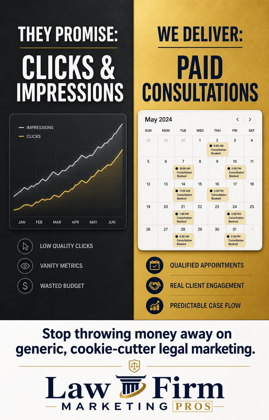 Split comparison ad: “They promise clicks & impressions” beside “We deliver paid consultations”, with a booked-out calendar
