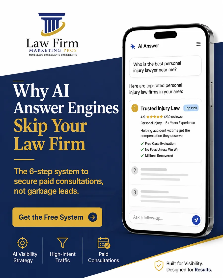 Lead-magnet ad: a phone showing an AI answer listing top-rated injury firms, headline “Why AI answer engines skip your law firm”