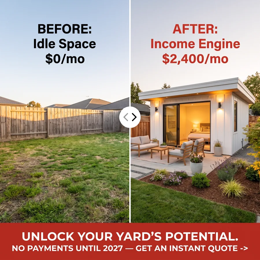 Split before/after ad: an empty backyard labelled “Idle Space $0/mo” beside a finished garden studio labelled “Income Engine $2,400/mo”