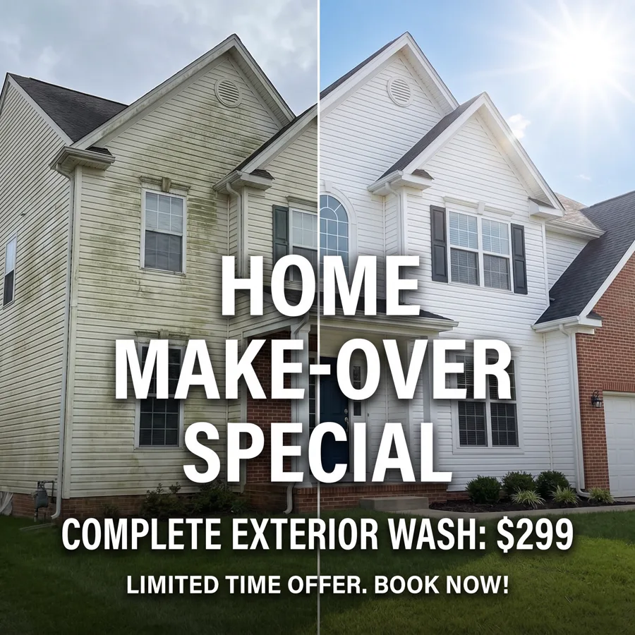 Before/after exterior-wash ad: the same house grimy on one half and clean on the other, headline “Home Make-Over Special”