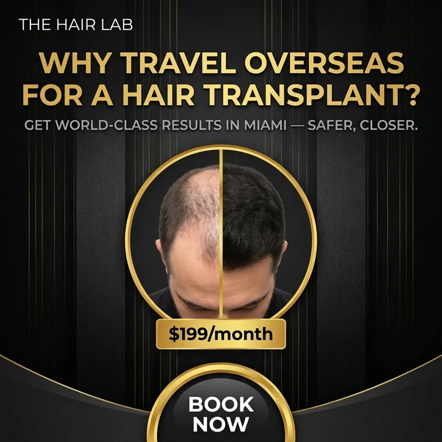 Before/after ad: a split scalp comparison for a hair-restoration clinic with a monthly price and a booking button