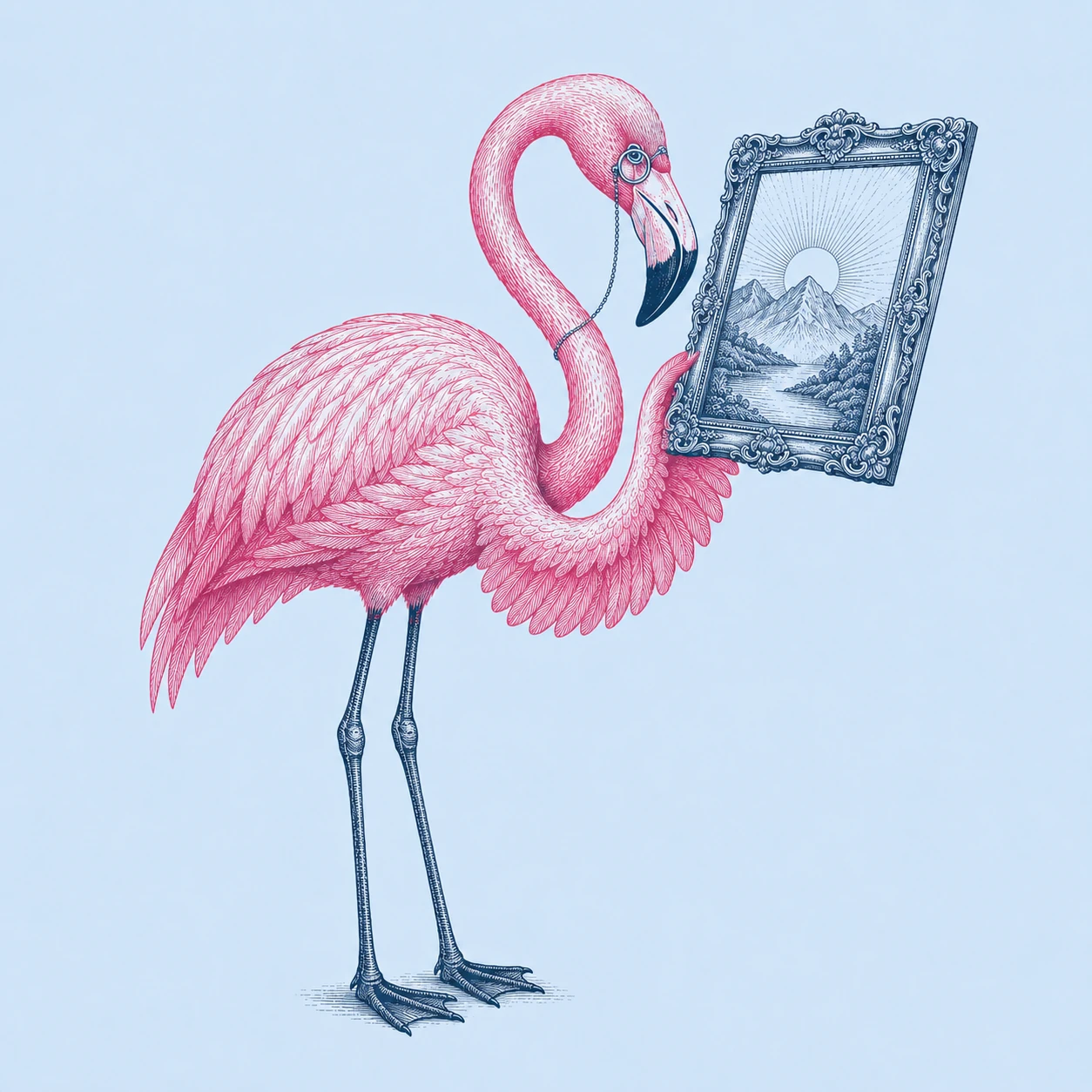 Engraved flamingo guide examining a framed creative through a monocle