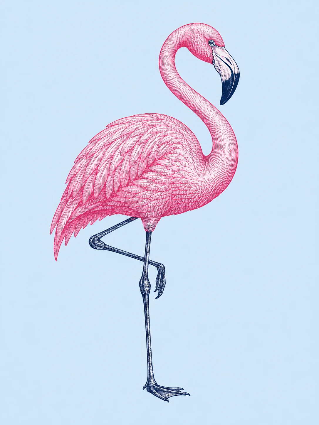 Engraved portrait of the pink flamingo mascot standing on one leg