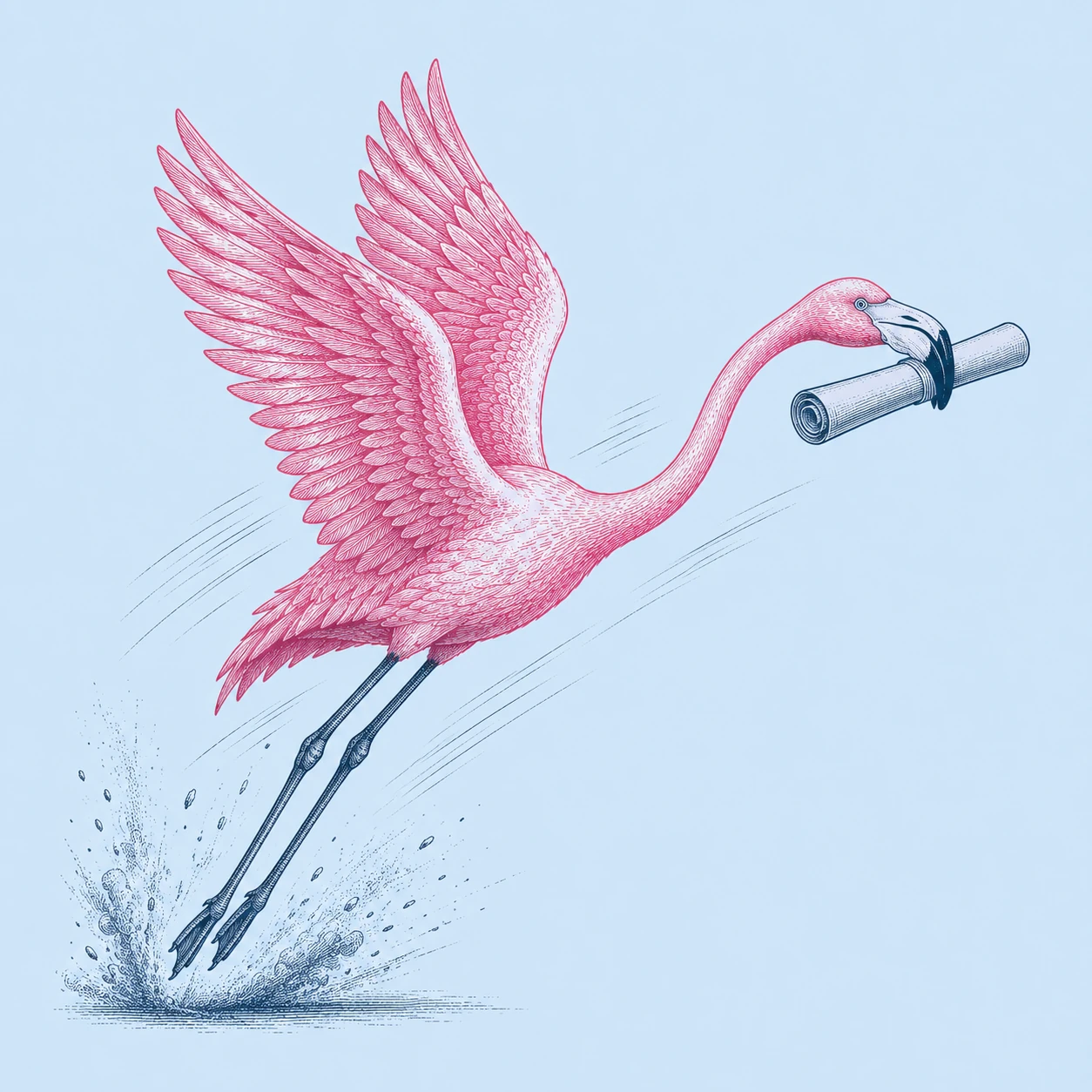 Engraved illustration of the flamingo mascot taking off carrying a rolled campaign canvas
